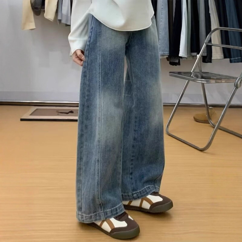 Petite American-Style Loose Washed Retro Blue Wide-Leg Jeans for Women, High-Waisted, Drapey, Slimming, Floor-Length Straight Pants