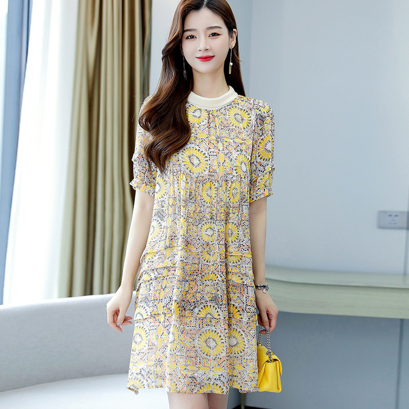 Papaya Milk Summer Dress Korean-style Loose Large Size Elegant Slimming Mid-length Floral Chiffon Women's Trendy Skirt Papaya Milk Summer Dress Korean-style Loose Large Size Elegant Slimming Mid-length Floral Chiffon Women's Trendy Skirt
