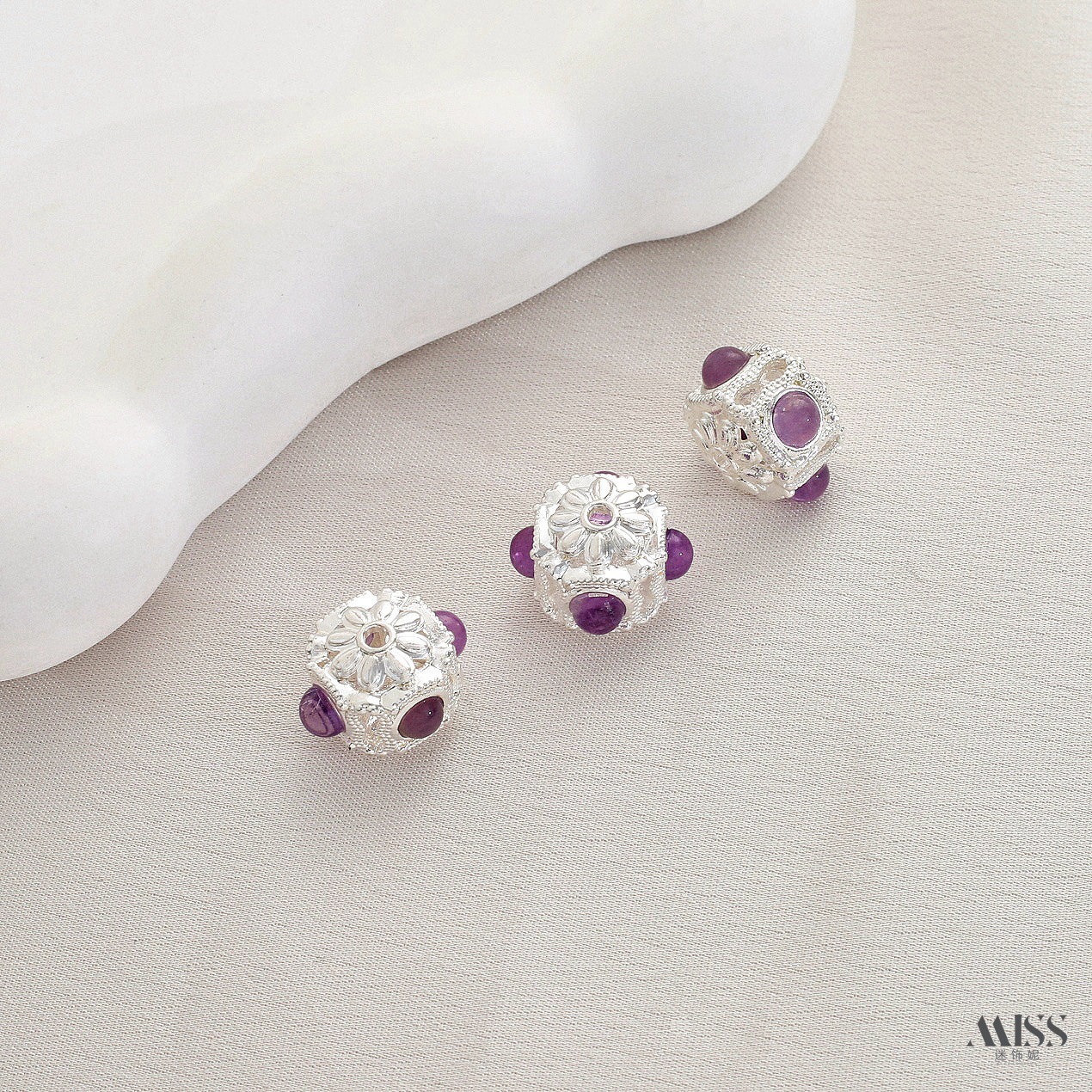 Inlaid with natural amethyst, plated with real gold and thick silver, angel and osmanthus drop-shaped decorative bead pendant DIY jewelry accessories