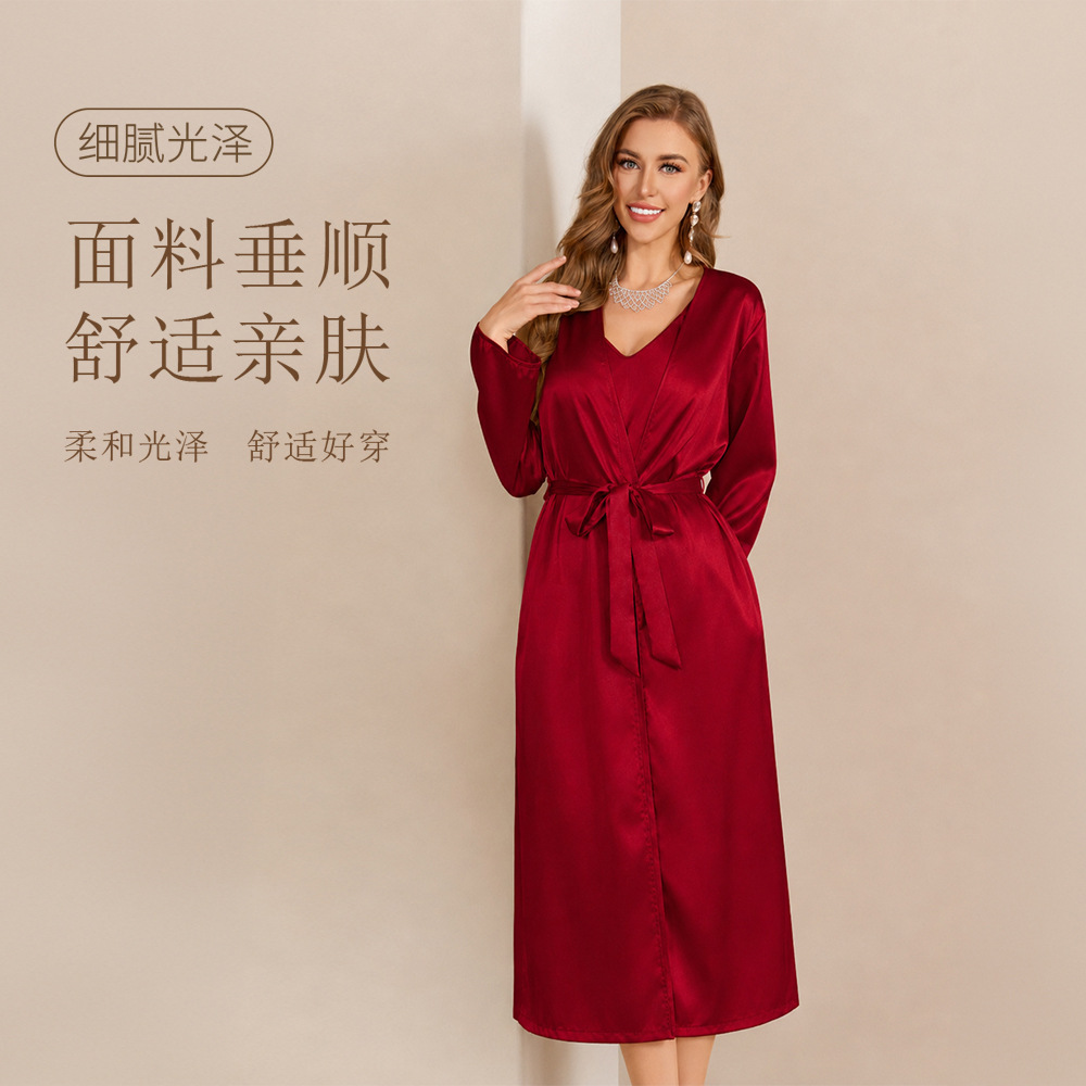 耀婷跨境睡衣女春夏宽松吊带裙浴袍家居服时尚长睡袍套装WP22108