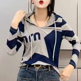 韩版撞色连帽长袖T恤衫女春秋季爆款字母印花百搭遮肉显瘦上衣潮