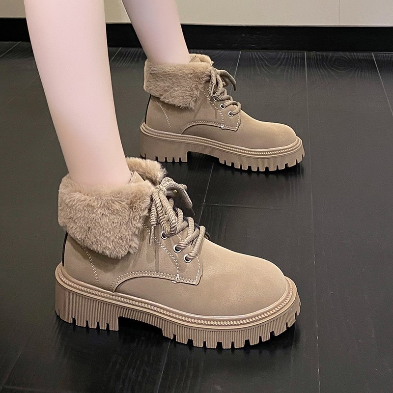 Wool Plush Turn-Up Martin Boots Women's 2024 Winter New England Thick Bottom Round Toe Lace-Up fleece-lined Warm Boots