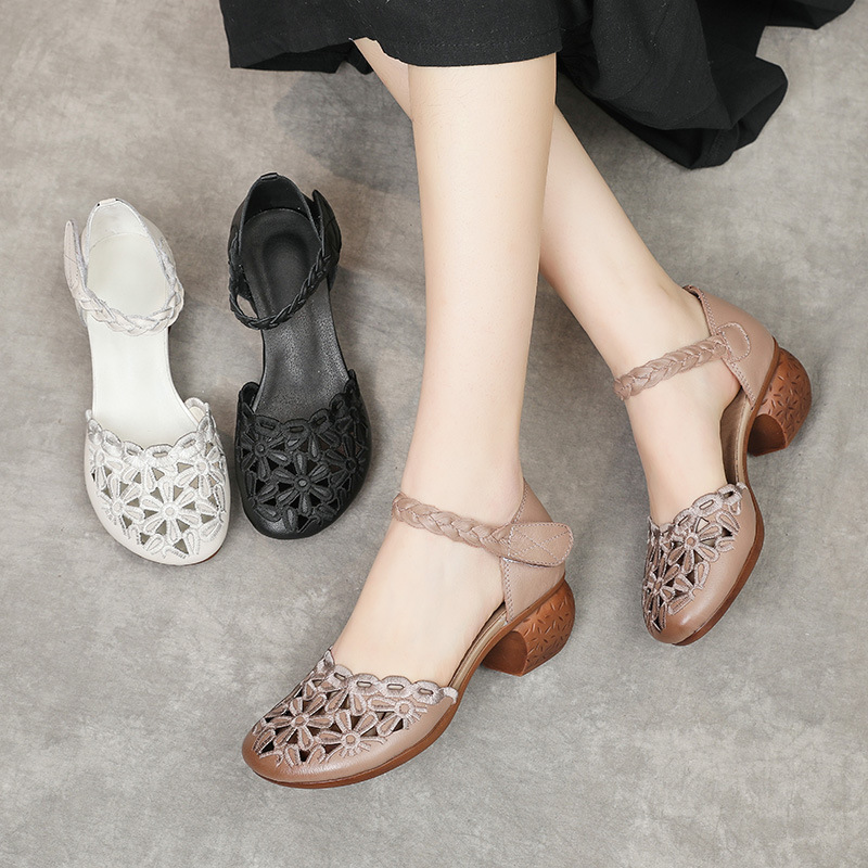 New Mom Shoes Sandals Genuine Leather Toe Summer Thick High Heel Middle-aged and Elderly Hole Shoes Outwear Women's Hollow Sandals