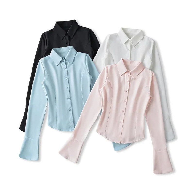 American Waist V-neck Shirt Women's Spring and Autumn New Design Sense Niche Rear Strap Horn Sleeve Shirt Pure Desire Top