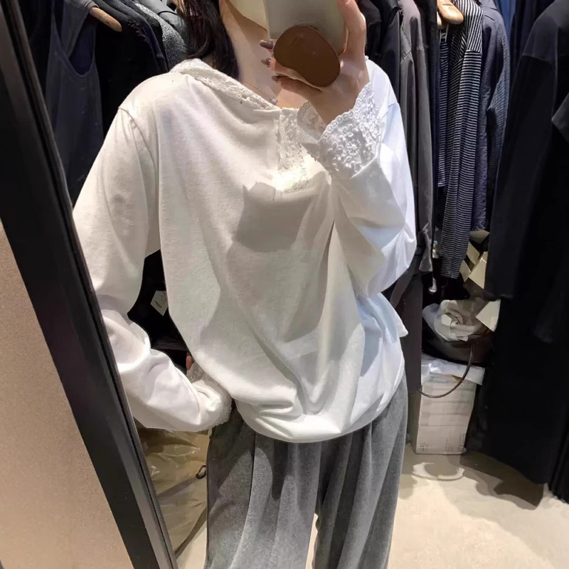 Lace Lace Hooded Long-sleeved T-shirt Women's Spring Snowflake Cotton Western-style Loose White Inner Base Shirt Top