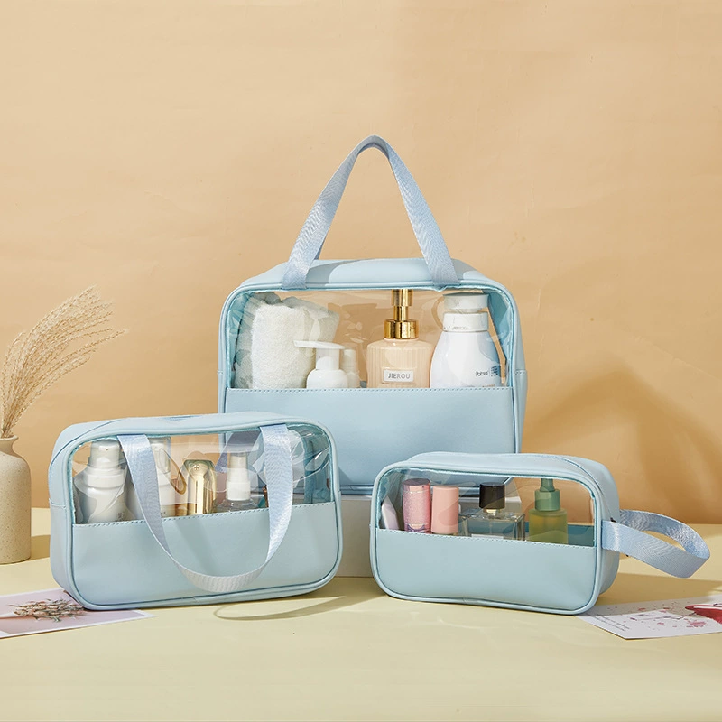 Capacious waterproof cosmetic bag PVC, polyurethane handheld storage bag for traveling