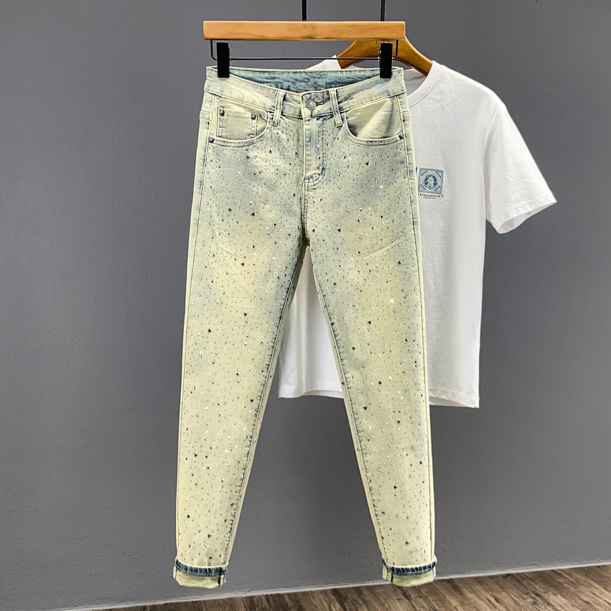 Jeans da uomo slim fit elasticizzati in stile retrò, decorati con strass, pantaloni skinny pesanti e alla moda._voghion.com