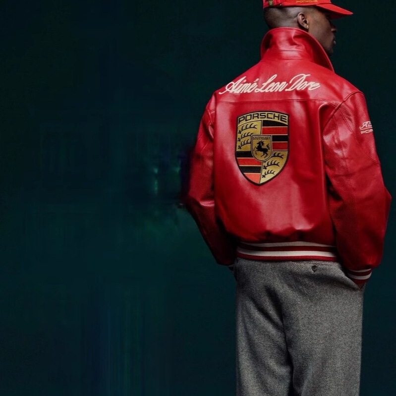 Porsche Racing Jacket Co-Branded with James Car Motorcycle Heavy Micro-Badge Embroidered Men's and Women's Retro Leather Jacket