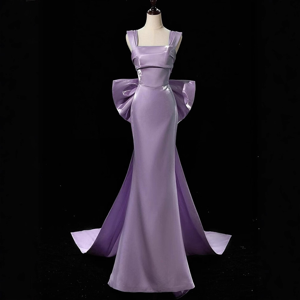 Purple Engagement Evening Dress 2026 New Style Spaghetti Strap Light Luxury Niche Bow Bride Toast Dress Morning Gown
