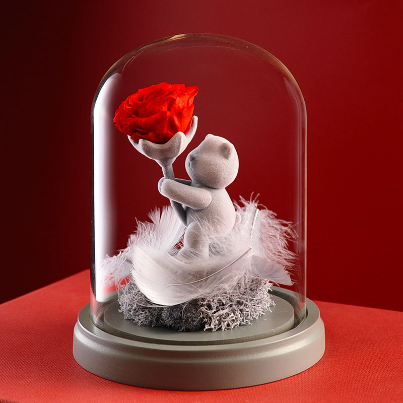 七夕節禮物告白植絨小熊丘比特永生花玫瑰送女友生日禮物乾花成品