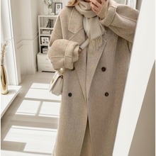 新版高扣位【婴驼绒】米灰色双面羊毛大衣女2023秋冬新款韩版外套