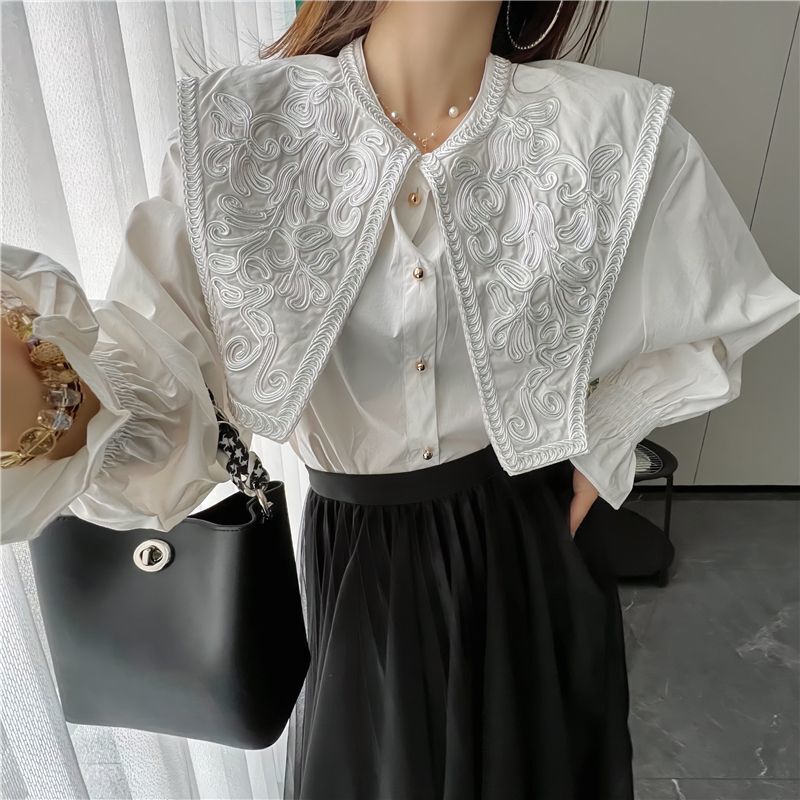 Shanli Dadi Heavy Industry Doll Collar Retro White Shirt for Women Spring 2025 New Loose Design Niche