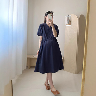 Western-style Trendy Mom Korean-style V-neck Half-button Cotton Short-sleeved Dress for Pregnant Women Summer New Style Celebrity Style Pregnant Women dress Fairy