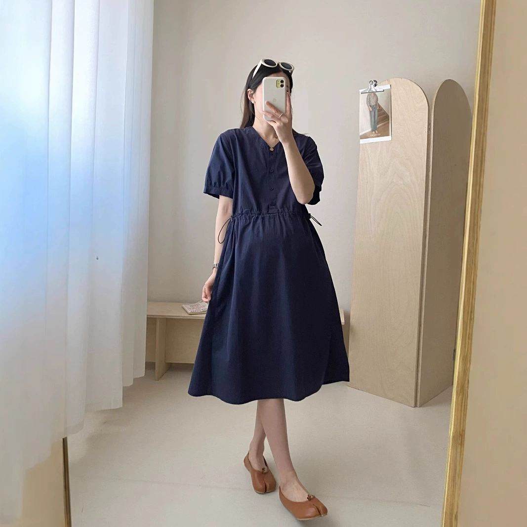 Иностранный прилив мама корейская версия V-образного воротника половинная пряжка хлопчатобумажная юбка для беременных короткая рукава летняя новая леди ветер платье для беременных фея