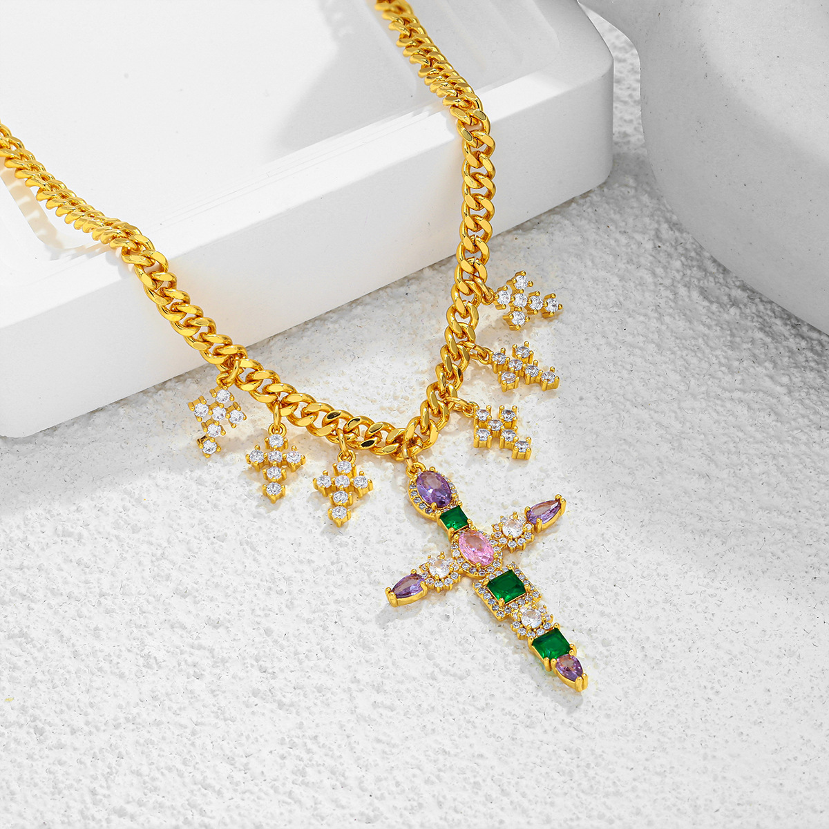 european-and-american-cross-border-jewelry-punk-style-cross-heart-diamond-love-cross-necklace-female-creative-design-sense-clavicle-chain