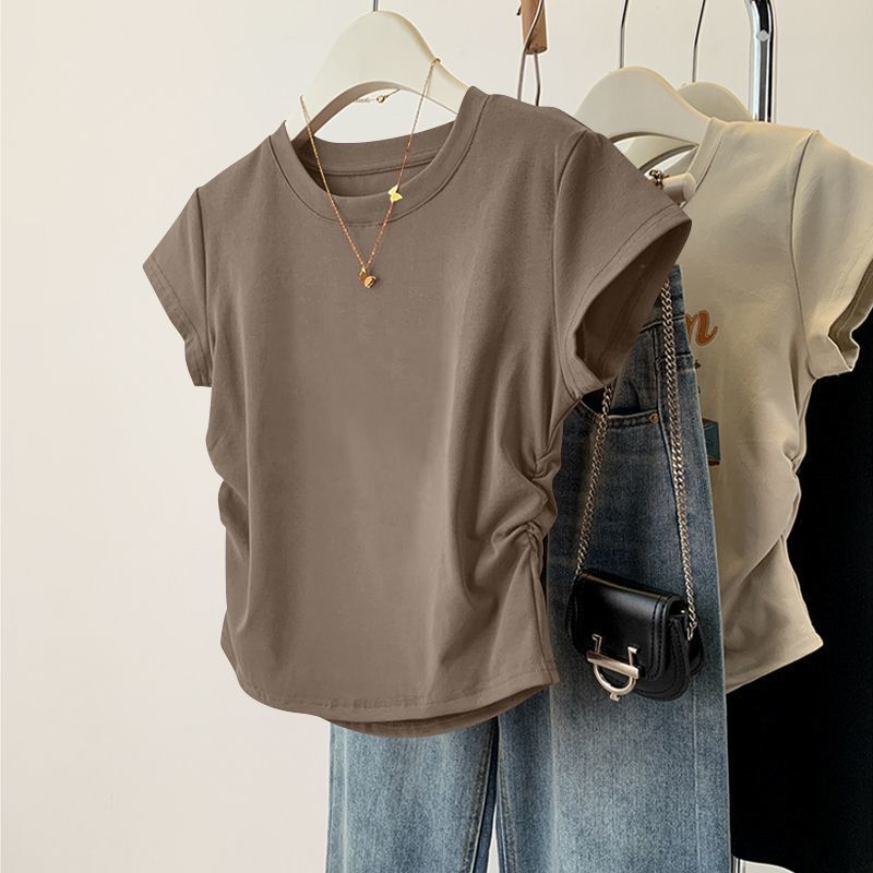 Single/Double Piece Pleated Irregular Curved Waist-Cinching Top with Round Neck, Summer Ribbed Slim-Fit Slimming Women's T-Shirt