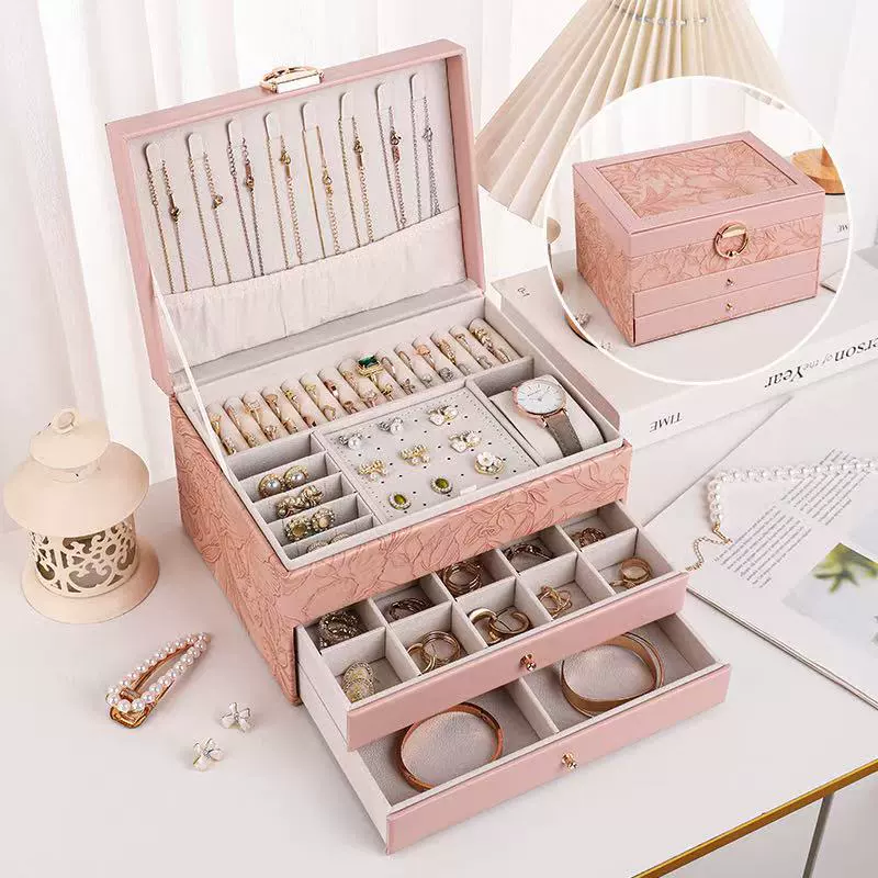 Polyurethane Jewelry Storage Box, Multi-Layer Large Capacity Organizer for Rings & Necklaces