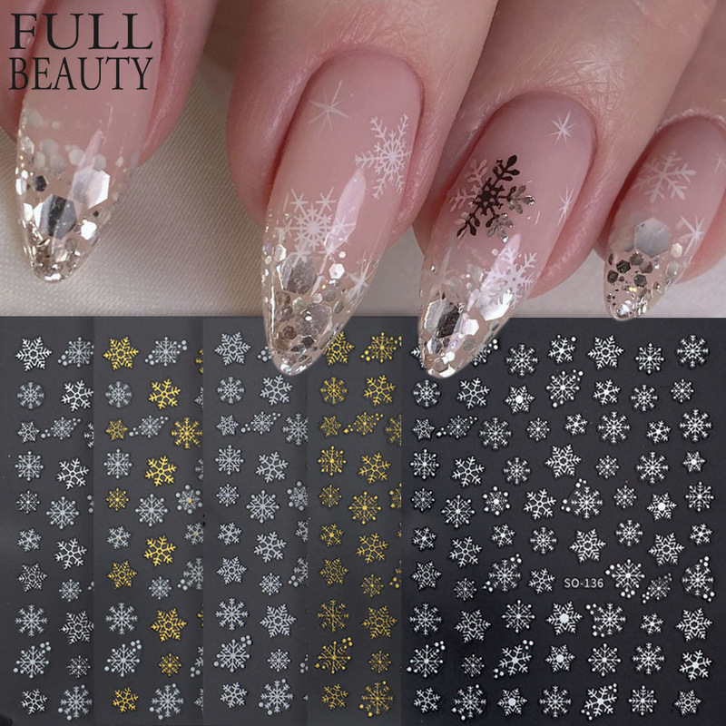 Cross-Border New Nail Art Sticker Set Winter Atmosphere Christmas Snowflakes Classic Gold, Silver, and White Nail Stickers
