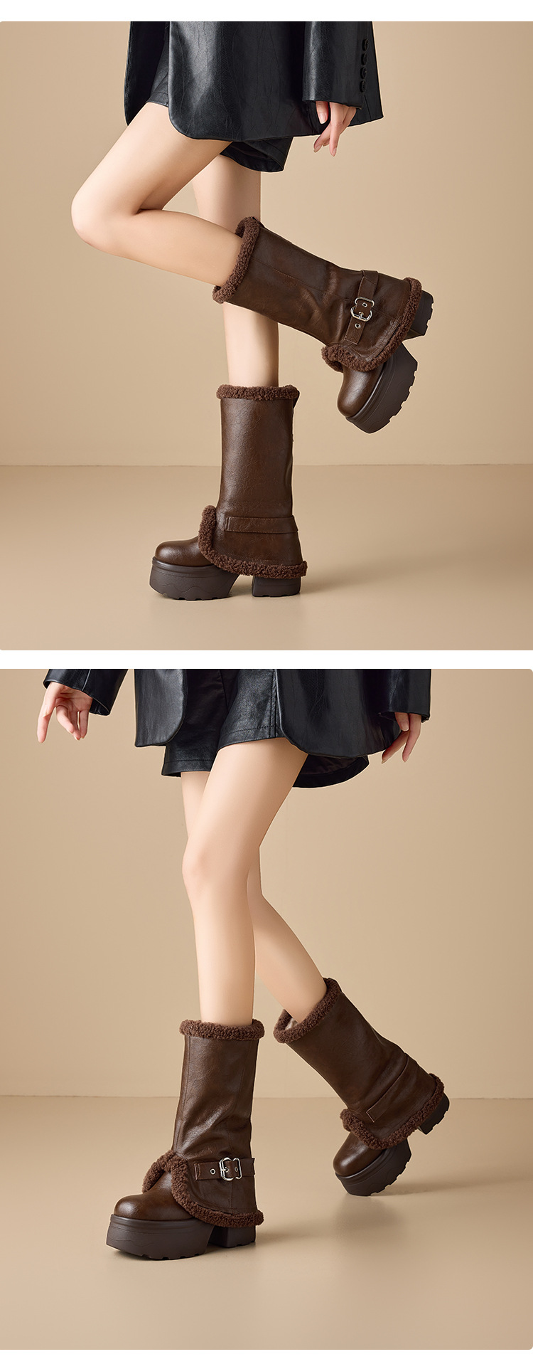 Giày bốt tuyết nữ mũi tròn cổ điển đế dày 12 cm lót lông cừu — nhung nâu chi tiết 5