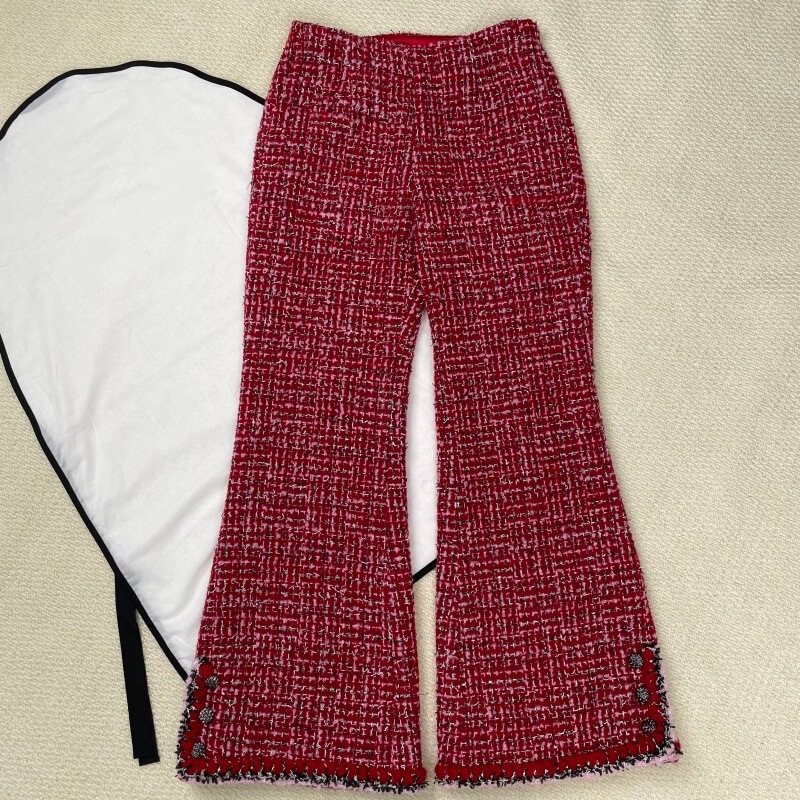 2026 Spring and Summer New Style Silk-Lined Tweed Mid-Waist Slim-Fit Red Flared Trousers