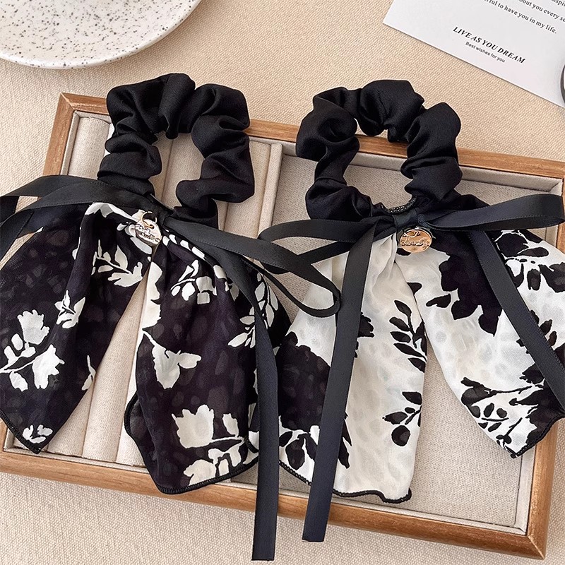 Retro francés negro flor triturada arco intestino grueso anillo de cabello de cola de caballo baja cuerda de cabello para mujeres 2025 nuevo flotante flores de cabeza
