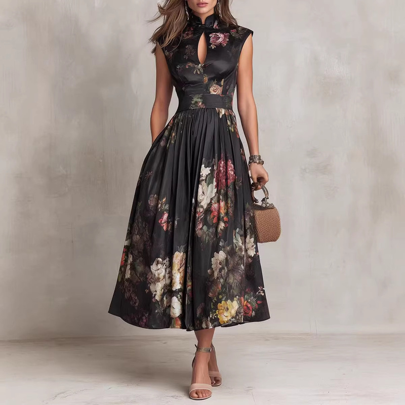 2026 European and American Women's Fashion Amazon Sleeveless Black Digital Print Long Dress with 3D Floral Design Slim Fit Dress 2026 European and American Women's Fashion Amazon Sleeveless Black Digital Print Long Dress with 3D Floral Design Slim Fit Dress