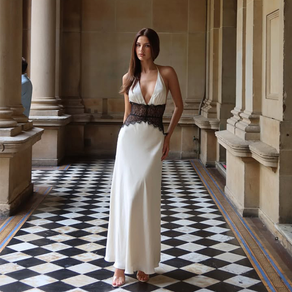 亚马逊跨境2025夏季新款深V挂脖长裙 气质辣妹性感露背高腰连衣裙