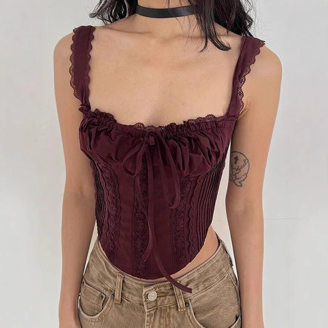 Women's Lace Splicing Straps Camisole Short Irregular European American Style Sexy Top for Hot Girls_ecoleips.com