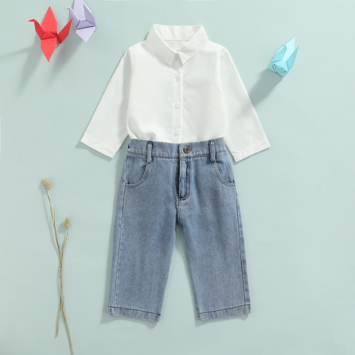  European and American children's clothing autumn new style girls white long-sleeved shirt high-waist denim trousers suit dropshipping