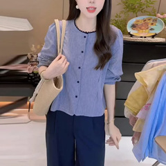 韩版条纹圆领长袖衬衫女2025秋季新款设计感拼接时尚减龄百搭小衫