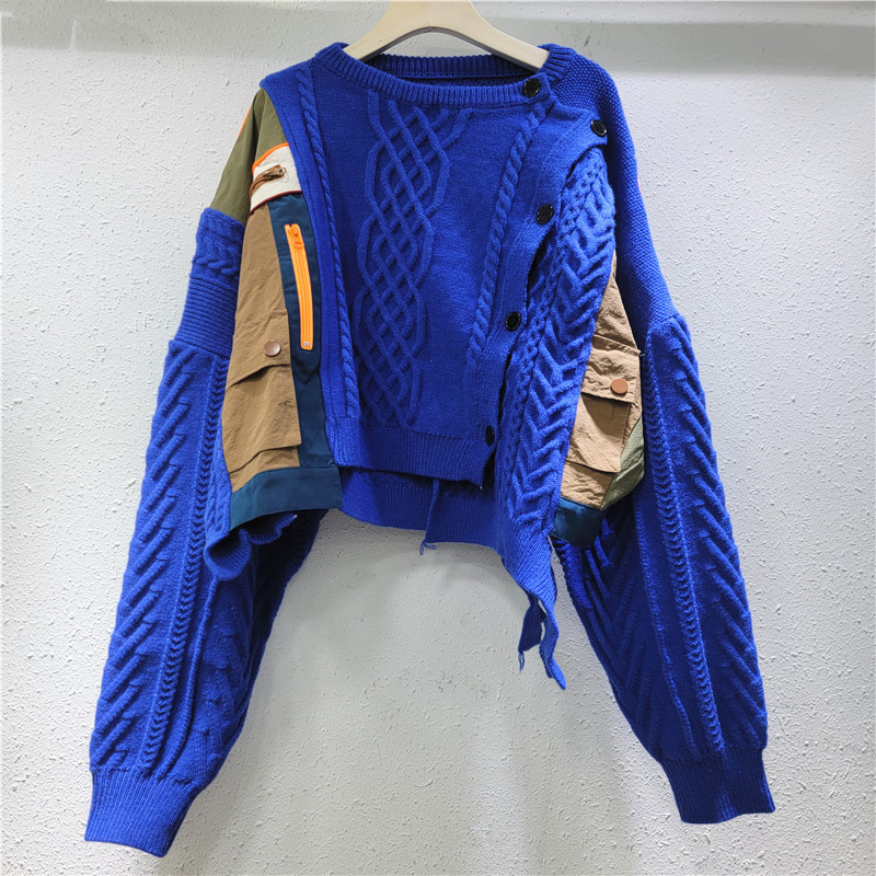 Nicho sensación de diseño irregular color contrastante empalme suéter de punto retro multi-botón chaqueta otoño invierno nuevo