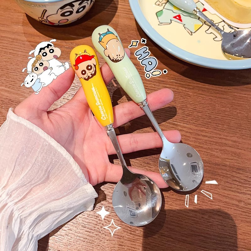 本物のクレヨンしんちゃん子供用セラミック 304 スプーン箸家庭用ライススプーンステンレス鋼学生ポータブルカトラリーボックス|undefined