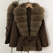 2025新超长大狐狸毛领高档羊毛呢皮草外套气质羊绒呢子大衣中长款