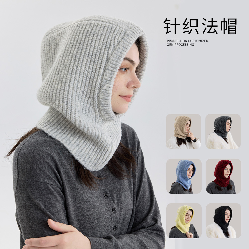 Foreign trade wool blended solid color knitted balaclava women's…