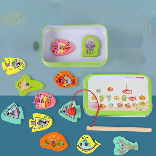 Small Box Wooden Iron Box Magnetic Fishing Toy Educational Parent-Child Interactive Game Building Block Fishing Game