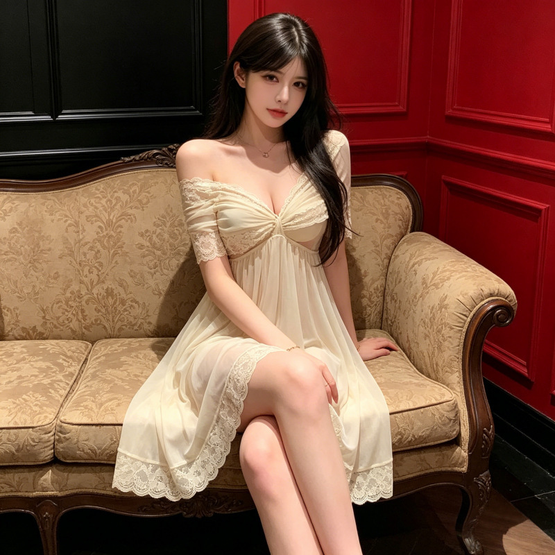 French-Style Soft and Alluring Sheer Lace-Trimmed Short-Sleeve Nightgown, Pure Desire Style, High-Waisted Home Pleated Loose Dress