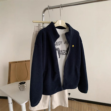 刺绣笑脸藏青色立领羊羔毛外套女暖乎乎加厚保暖小个子冬季拉链衫