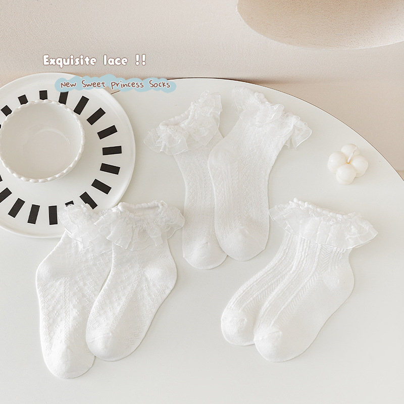 Girls' socks 2024 spring and summer new Lolita lace mesh breathable princess socks baby pure white mid-tube socks