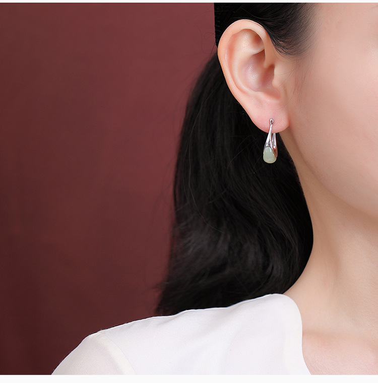 Khuyên tai nữ hình lưỡi liềm bạc S925 mạ vàng đính ngọc Hetian — Kiểu màu bạc, Kiểu màu vàng chi tiết 8