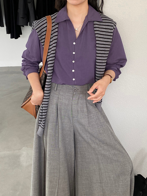 江左 韩系长袖贝壳扣纯色女式衬衫女2025设计感气质叠穿衬衣 6339|undefined
