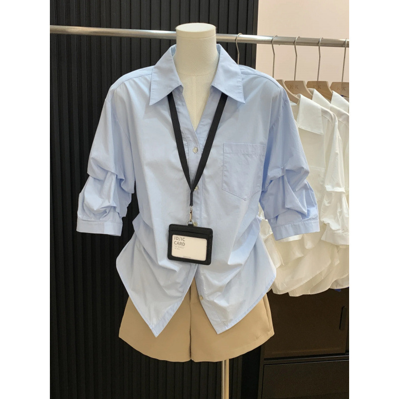 Blue Shell-Button Shirt for Women, Spring/Summer 2026 New Style, Polo Collar, Versatile, Office-Friendly, Waist-Cinching, Pleated Top