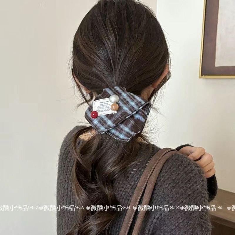 大蝴蝶结格纹方巾发圈大肠圈女韩系方形低马尾发绳头绳扎头发皮筋|undefined