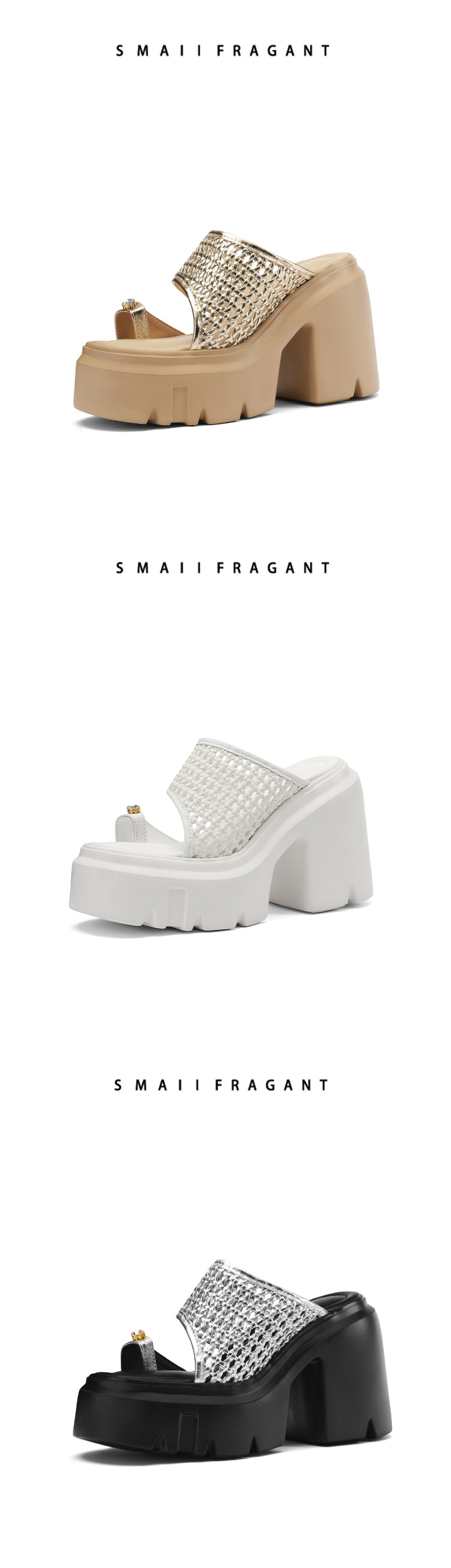 Dép sandal cao gót nữ quai ngang đan gót thô 12 cm đế tăng chiều cao — Màu đen, Màu vàng nhạt, Màu trắng, Màu bạc chi tiết 14
