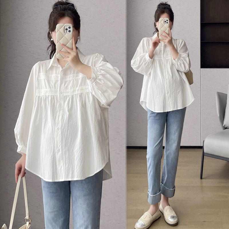 2024 pregnant women's new spring and summer lace simple white loose all-match shirt nine-quarter sleeve business wear top
