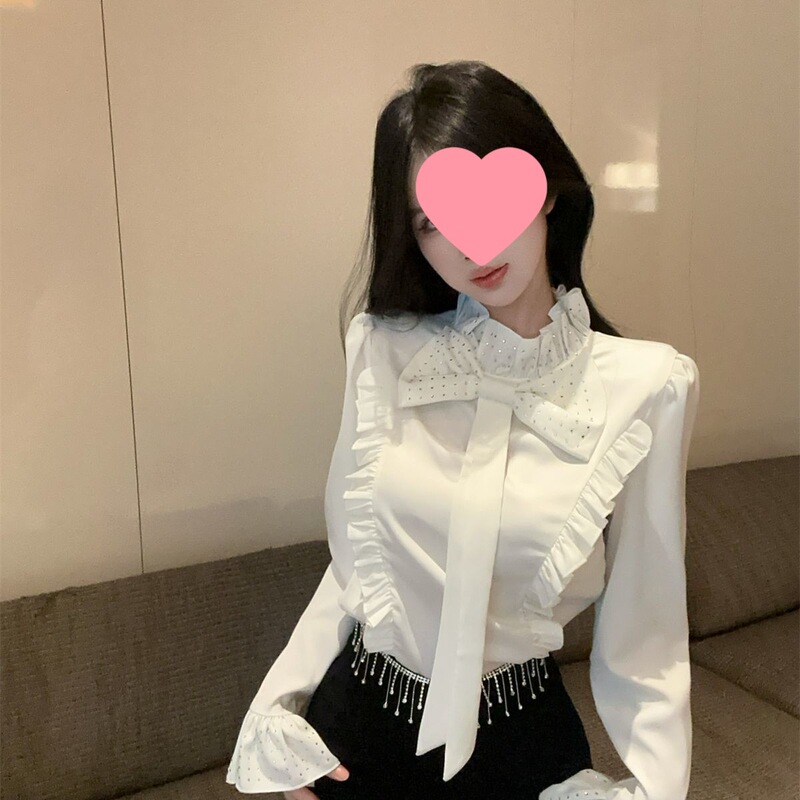 Chanel-Style Rhinestone Satin Shirt for Women, Early Spring Bow-Tie Half-High Collar Top with Ruffles, Court-Style Blouse Chanel-Style Rhinestone Satin Shirt for Women, Early Spring Bow-Tie Half-High Collar Top with Ruffles, Court-Style Blouse