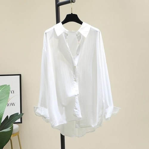Women's Spring Summer Korean Style Loose Casual Thin Long Sleeve Sun Protection Top with Outerwear Tencel Cotton Shirt