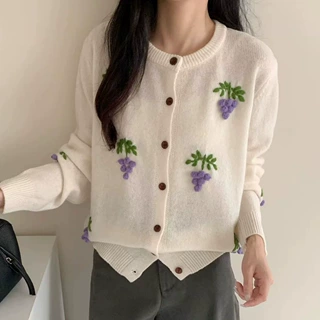 韩系立体刺绣圆领软糯全羊毛毛衣开衫女秋冬休闲针织衫外套上衣
