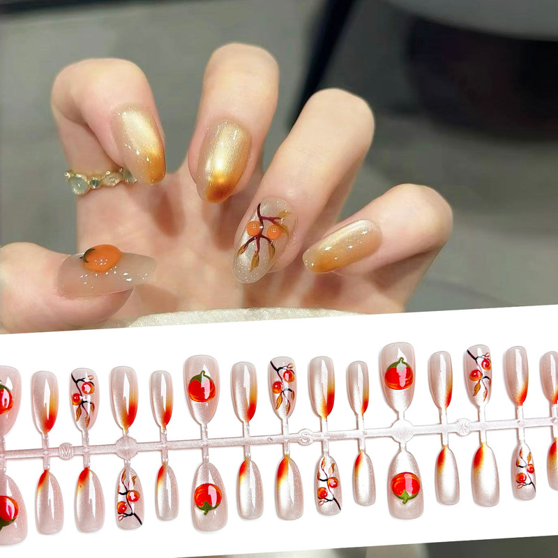 Autumn and Winter Popular Almond-Shaped Pearlescent Cat-Eye Wearable Nails Wholesale Ins Nude Color Smudged Manicure Patches Nails 30 Pieces