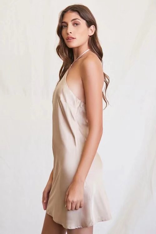 beige sleeveless halterneck off-shoulder backless short dress  NSAM123233