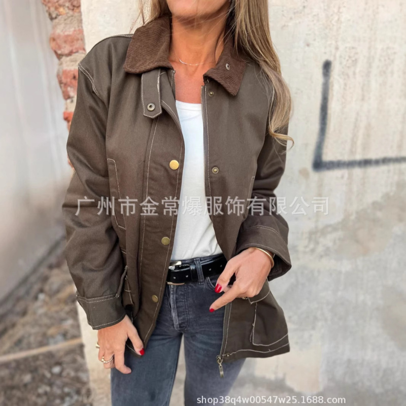 中東貿易 2025 秋冬新作アマゾンヨーロッパとアメリカの女性のためのルーズカジュアル長袖ボタンラペルジャケット|undefined